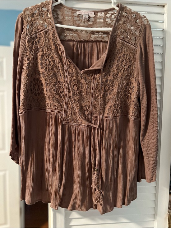 Dress Barn Tops - Dress Barn Crochet Yoke Peasant Blouse - Mauve Brown